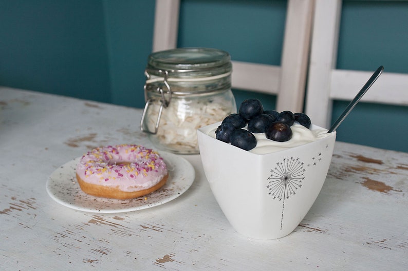 Porcelain Mug with Dandelion, Ceramic Cup with Dandelion, Yogurt pot, Milkshake cup image 3