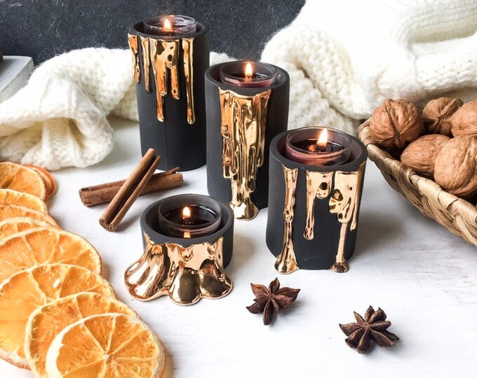 Black and Gold Candle Holders, Modern Ceramic Candlesticks, Dripping Gold Candleholders, Halloween Decor