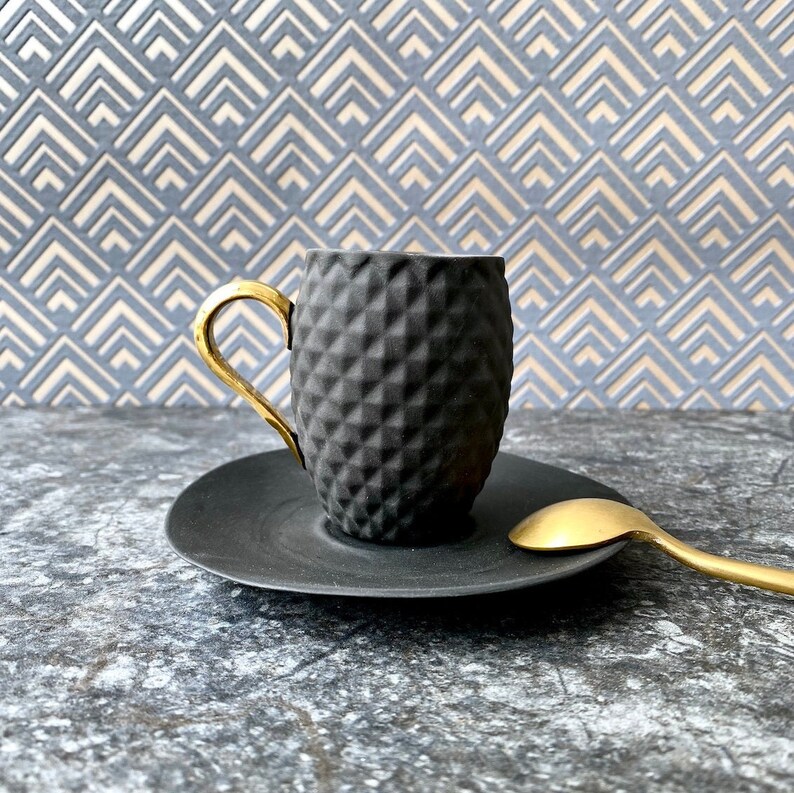 Small Black Textured Coffee Cup with Gold Handle