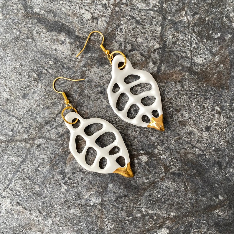 Filigree Leaf Earrings, Porcelain Drop Earrings image 3