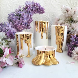 Ceramic Candle Holders with Dripping Gold, Candle Holder Centerpiece Set of 4 white& gold