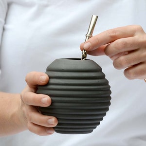 Black Ceramic Mate Gourd, Black Yerba Mate Mug, Big Ceramic Mug image 2