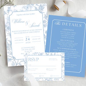 Elegant Dusty Blue Wedding Invitation Template Printable Invite set Canva Template