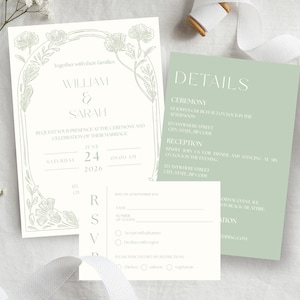 Elegant Sage Green Wedding suite Invitation Template Printable Vintage Floral Invite set Canva Template