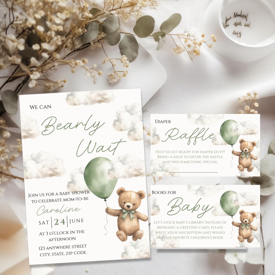 Teddy Bear Baby Shower Invitation | We Can Bearly Wait | Sage Green ...