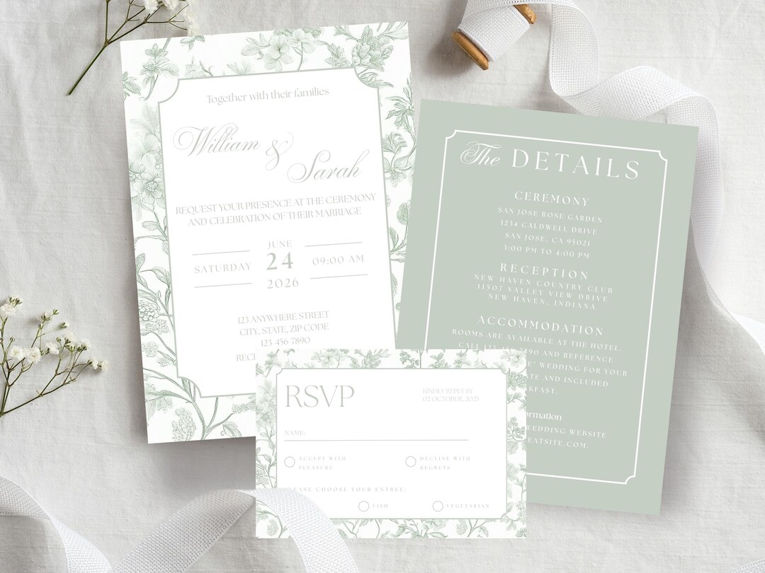 Elegant Sage Green Wedding Invitation Template Printable Vintage Invite ...