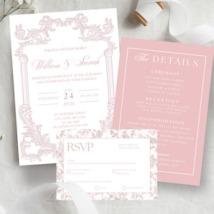 Elegant Pink Dusty Rose Wedding Invitation Template Printable Vintage Baroque Invite set Canva Template