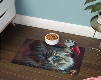 Regal Blauäugige Katze Haustier Futter Matte 12x18 | Königliches Katzen Portrait Passepartout