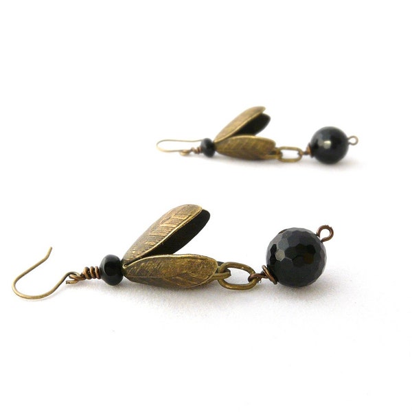 botanical earrings in black onyx and brass. flower petal earrings.