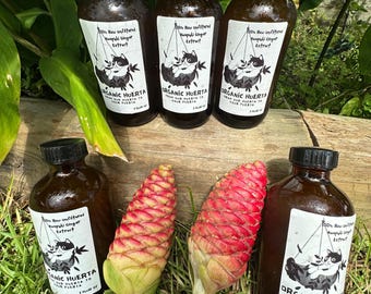 May include: Five amber glass bottles with black caps, each featuring a white label with a black cat illustration and the text 100% Raw Unfiltered Awapuhi Ginger Extract Organic Huerta From Our Huerta To Your Puerta 8 Fluid Oz, alongside two ginger flowers.