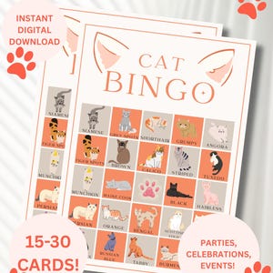Cat Bingo, 15-30 Printable Cat Bingo Cards, Cat Birthday Party Game, Cat Party Game, Kitten Bingo, Kitty Party Games, Birthday Party Bingo