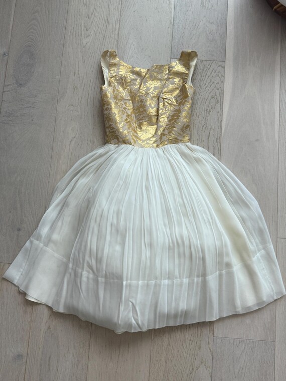 Vintage Gold and White brocade dress with chiffon skirt, peticoat size XS