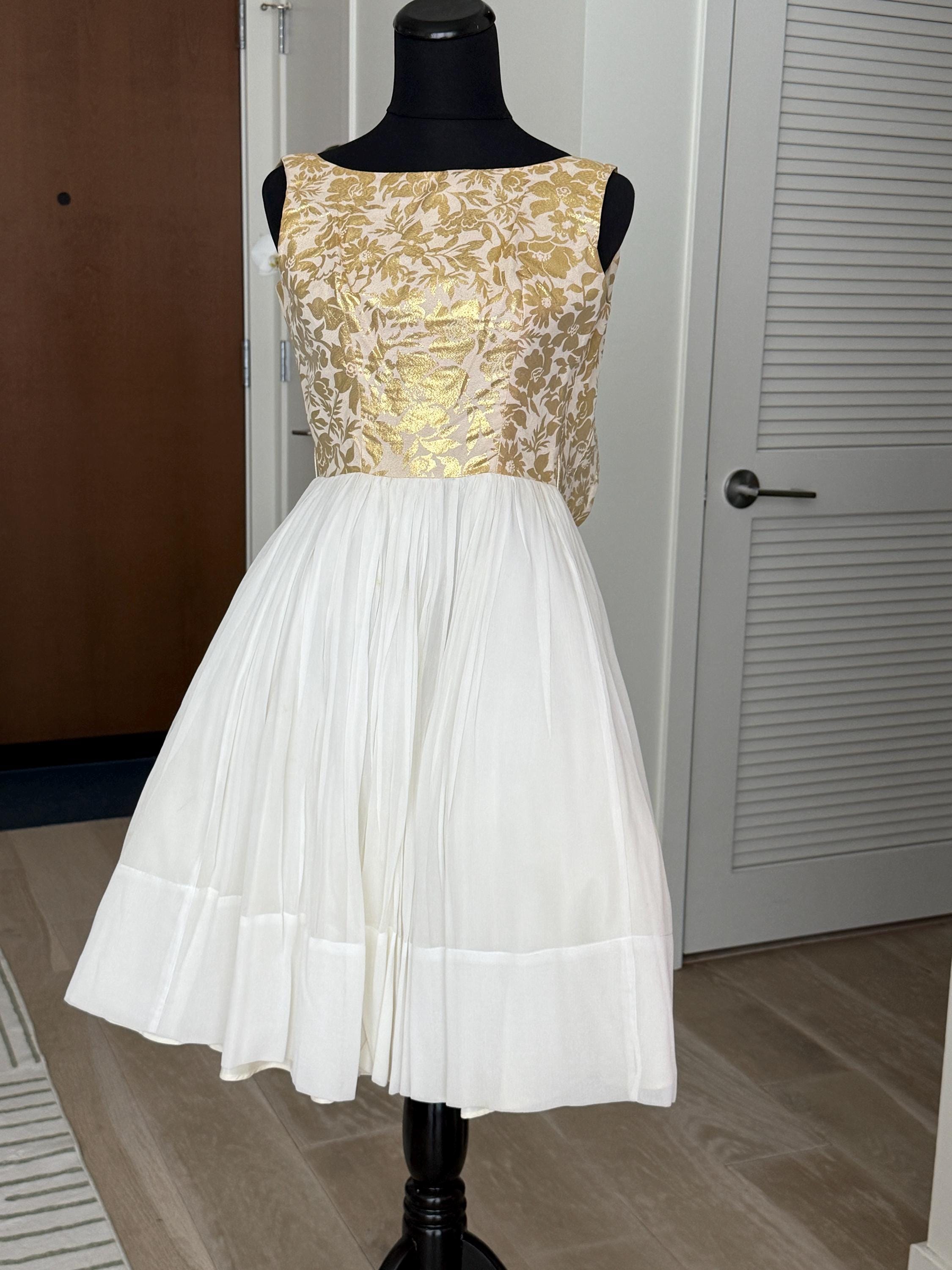 Vintage Gold and White brocade dress with chiffon skirt, peticoat size XS