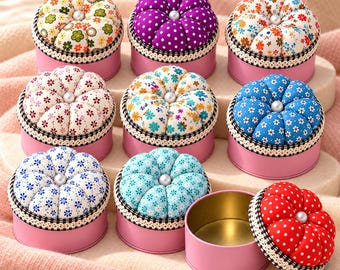 Pumpkin Pin Cushion with Storage Tin, Floral Pincushion Box for Sewing Pins and Notions, Stocking Stuffer for Quilters, 9 Prints