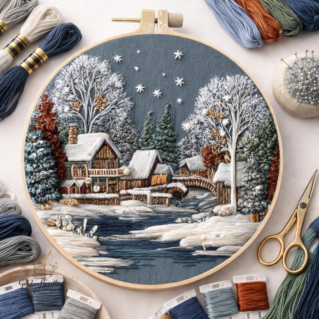 Winter Village Embroidery Kit | Snowy Cottage Hoop Art | Beginner Craft ...