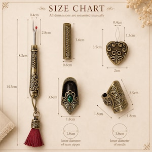Size chart: seam ripper 14.5 cm overall, 8.2 cm handle, 2.8 cm exposed blade, 3.6 cm cover, thimble inner diameter 1.6 cm