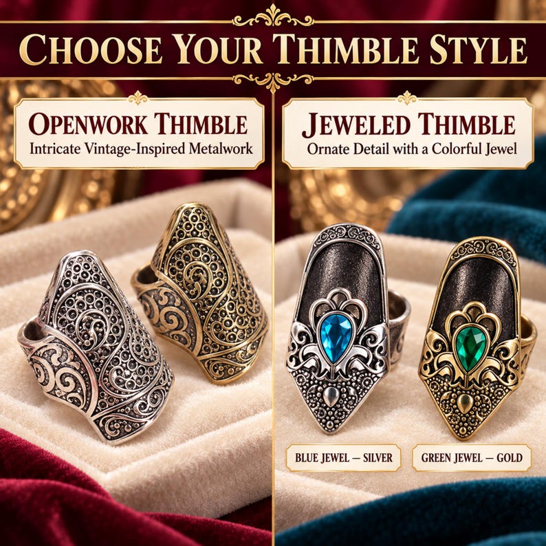 Choose your thimble style: openwork filigree, or jeweled with a blue or green stone