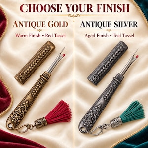 Choose your finish: antique gold with a red tassel, or antique silver with a teal tassel