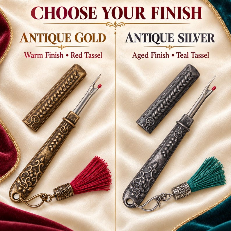 Choose your finish: antique gold with a red tassel, or antique silver with a teal tassel