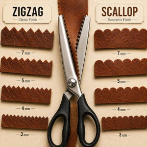 May include: A pair of metal scissors with black handles cutting through a brown leather strip. The image displays two columns labeled ZIGZAG Classic Finish and SCALLOP Decorative Finish, showing leather samples with 3mm, 4mm, 5mm, and 7mm cuts.