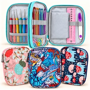 May include: A teal zippered organizer case containing a set of colorful metal crochet hooks, a pink plastic needle gauge, and a seam ripper. Below are three closed cases featuring floral, abstract blue and red, and elephant patterns.