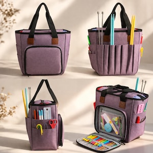 May include: A purple tote bag with black handles and multiple pockets, designed for knitting or crochet supplies. The bag features a front pocket, side pockets, and interior compartments. Knitting needles and other tools are visible.