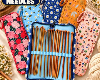 May include: A set of fabric cases for knitting needles, featuring various floral, bee, and sewing-themed patterns. One open case displays wooden knitting needles held by a blue elastic band. Text on the image reads: FITS 16-INCH NEEDLES.