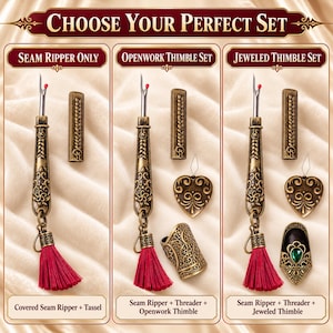 Choose your set: seam ripper only, openwork thimble set, or jeweled thimble set