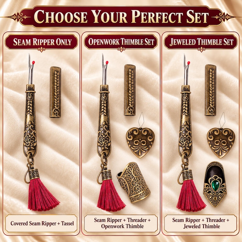 Choose your set: seam ripper only, openwork thimble set, or jeweled thimble set