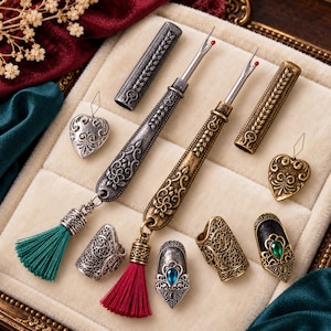 Ornate seam ripper collection in antique gold and antique silver with tassels, covers, heart threaders and thimbles