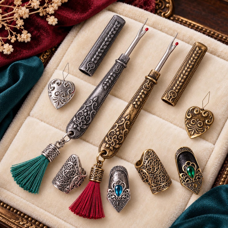 Ornate seam ripper collection in antique gold and antique silver with tassels, covers, heart threaders and thimbles