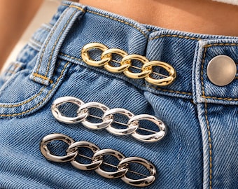 Waist Tightener Pins, Chunky Chain Cinch Clip for Jeans, No Sew Waistband Tightener and Waist Adjuster, Gold Silver Gunmetal