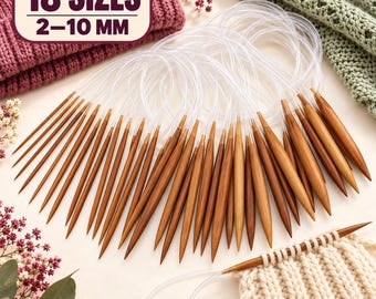 Bamboo Circular Knitting Needles Set, 18 Sizes 2 to 10 mm, 40, 60 or 80 cm Length, Carbonized Bamboo Circular Needles for Hats and Sweaters