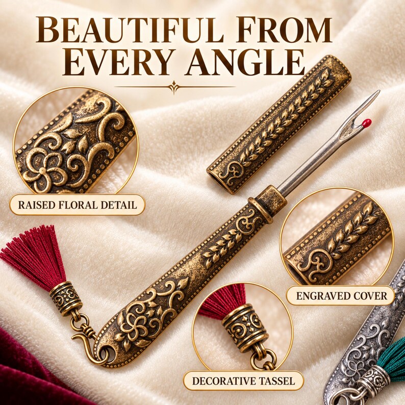 Close view of the raised floral engraving on the handle, the engraved cover and the decorative tassel