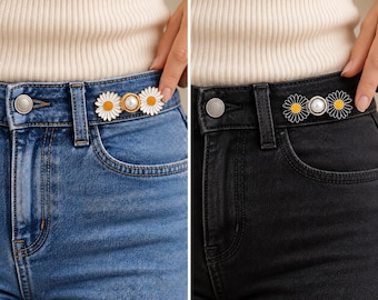 Waist Tightener Pins, Daisy Flower Cinch Clip with Pearl for Jeans, No Sew Waistband Tightener and Waist Adjuster, White or Black