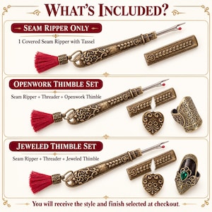 What is included in each option: seam ripper only, openwork thimble set, and jeweled thimble set