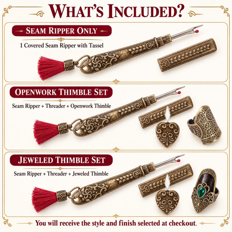 What is included in each option: seam ripper only, openwork thimble set, and jeweled thimble set