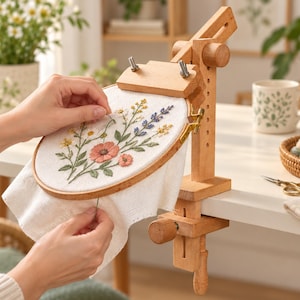 May include: A wooden embroidery hoop stand with a clamp mechanism holding a circular frame. The fabric inside features a hand-stitched floral design with pink, yellow, white, and blue flowers and green leaves on a white textured cloth background.