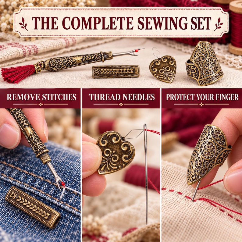 The complete set: remove stitches, thread needles with the heart threader, protect your finger with the thimble