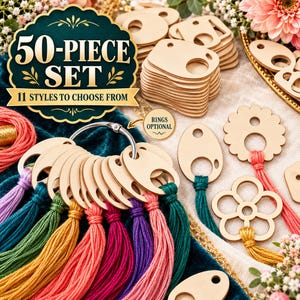 May include: A 50-piece set of light-colored wooden embroidery floss organizers in various shapes, including flower and oval designs. Some organizers are attached to a metal ring with colorful embroidery thread tassels attached.