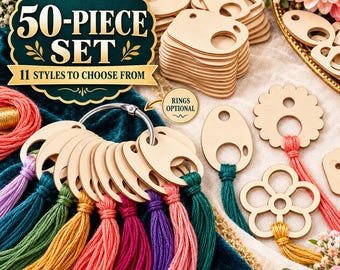 May include: A 50-piece set of light-colored wooden embroidery floss organizers in various shapes, including flower and oval designs. Some organizers are attached to a metal ring with colorful embroidery thread tassels attached.