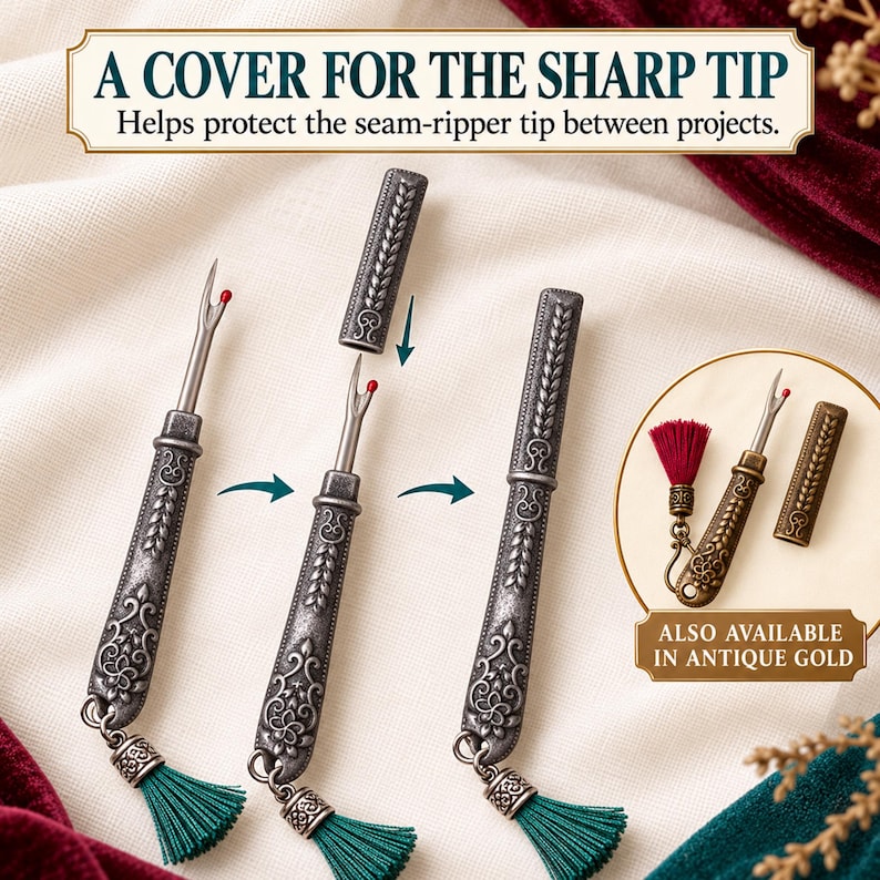 The engraved cover slides over the seam ripper tip to protect it between projects