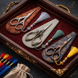Vintage Embroidery Scissors Set with Tassel & Protective Fabric Pouch, Ornate Crane Sewing Snips, Thread Cutting Tool, Needlework Gift