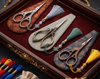 Vintage Crane Embroidery Scissors Set with Tassel, Ornate Sewing Snips, Needlework Tool