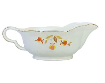 Hall China Autumn Leaf Gravy Boat Cream Orange Gold Trim Jewel Tea MCM