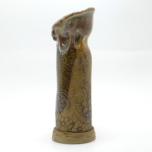 Studio Pottery Lace Impressed Vase 6.5" Brown Tan Vintage 1987 Signed Art
