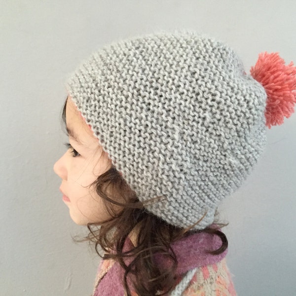 Hand Knit Kids Hat  with Pompom- Alpaca Wool Knit cap  - Children - Child - Natural Taupe & Pink - Valentine - Eco Friendly - Ready to Ship