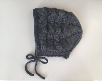 Kids Bonnet - Organic Hand Knit Hat - Charcoal - Children - Child - Baby Girl Hat - Eco Friendly - Ready to Ship