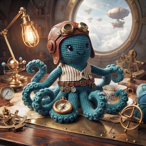 May include: A teal crocheted octopus plush toy wearing a brown leather aviator cap with goggles and a striped vest with a brown belt. The octopus is surrounded by brass navigational instruments, a compass, a desk lamp, and a floral teacup.