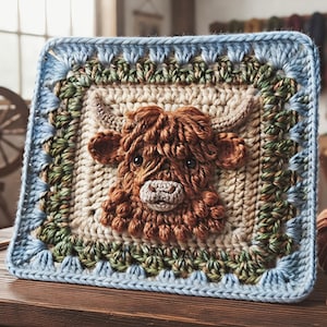 Op de afbeelding: Een vierkant haakmotief met een gestructureerde, driedimensionale Schotse Hooglander-kop in bruintinten, gecentreerd op een crèmekleurige achtergrond. Het vierkant is omrand met lagen donkergroen en lichtblauw garen met gedetailleerd steekwerk.